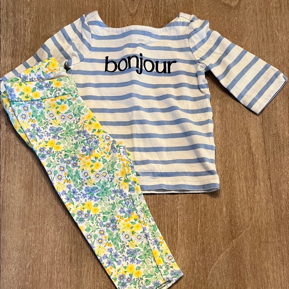Janie and Jack Blue Striped 'bonjour' Top with Yellow & Green Floral Leggings